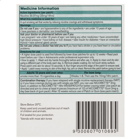 Nicorette Quit Smoking 16hr InvisiPatch Step 1 25mg 14 Semi-Transparent Patches