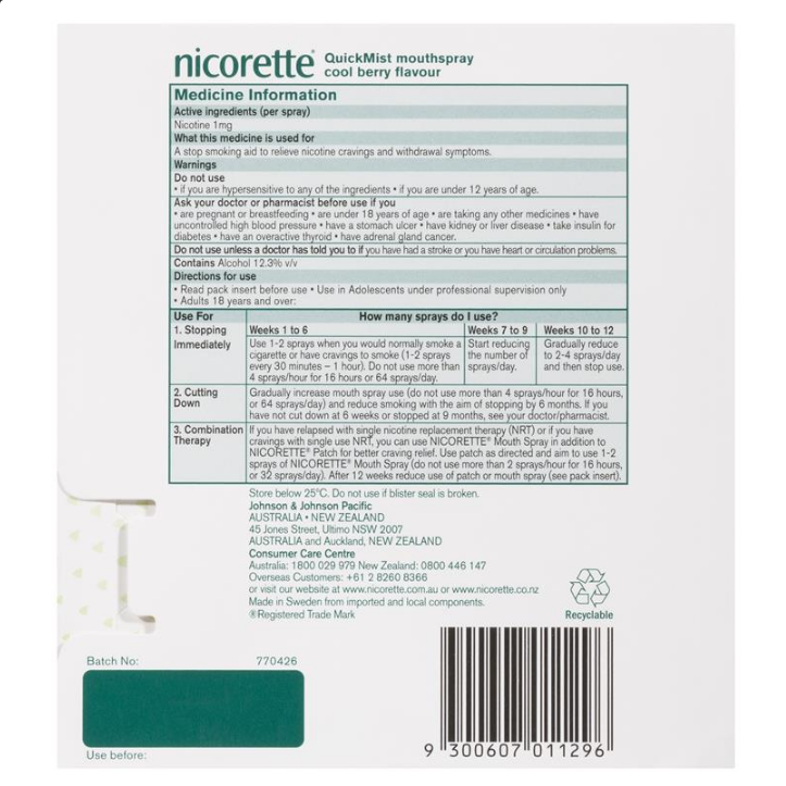 Nicorette Quit Smoking QuickMist Mouth Spray Cool Berry Duo 150 Sprays (13.2mL x 2)