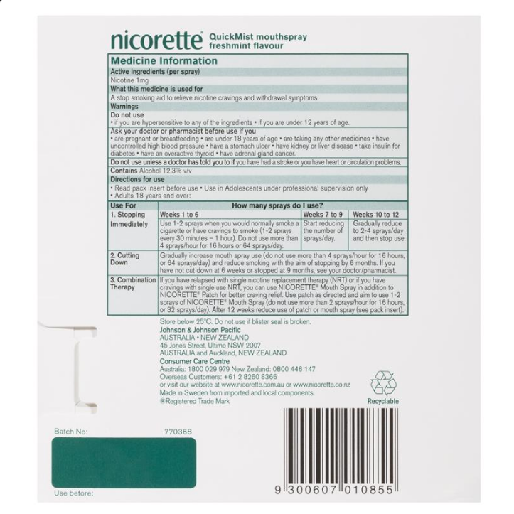 Nicorette Quit Smoking QuickMist Mouth Spray Freshmint Duo 150 Sprays (13.2mL x 2)