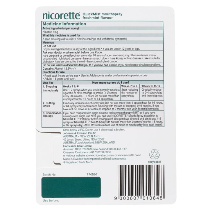 Nicorette Quit Smoking QuickMist Mouth Spray Freshmint 150 Sprays (13.2mL x 1)