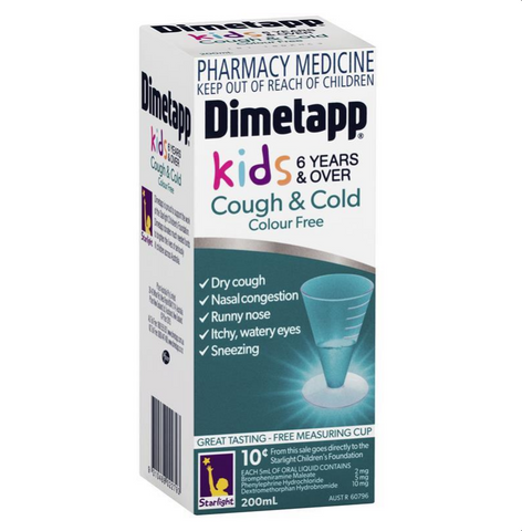 Dimetapp Kids 6 Years & Over Cough and Cold Colour Free 200mL (Limit ONE per Order)