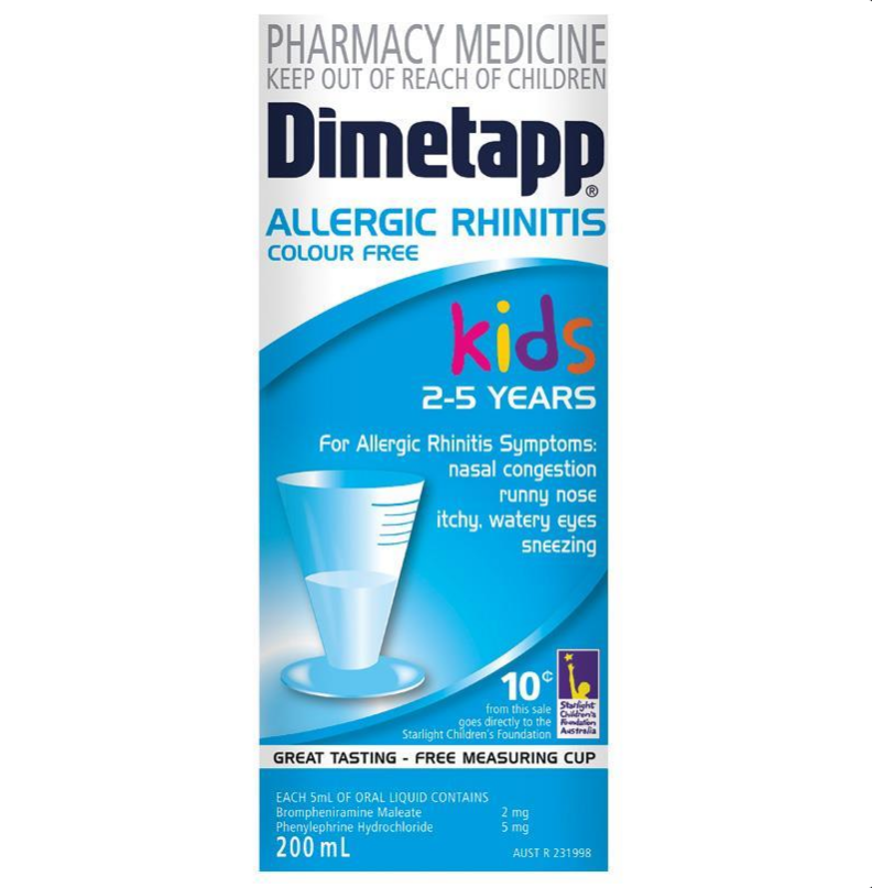 Dimetapp Allergic Rhinitis Colour Free Kids 2-5 Years 200mL (Limit ONE ...