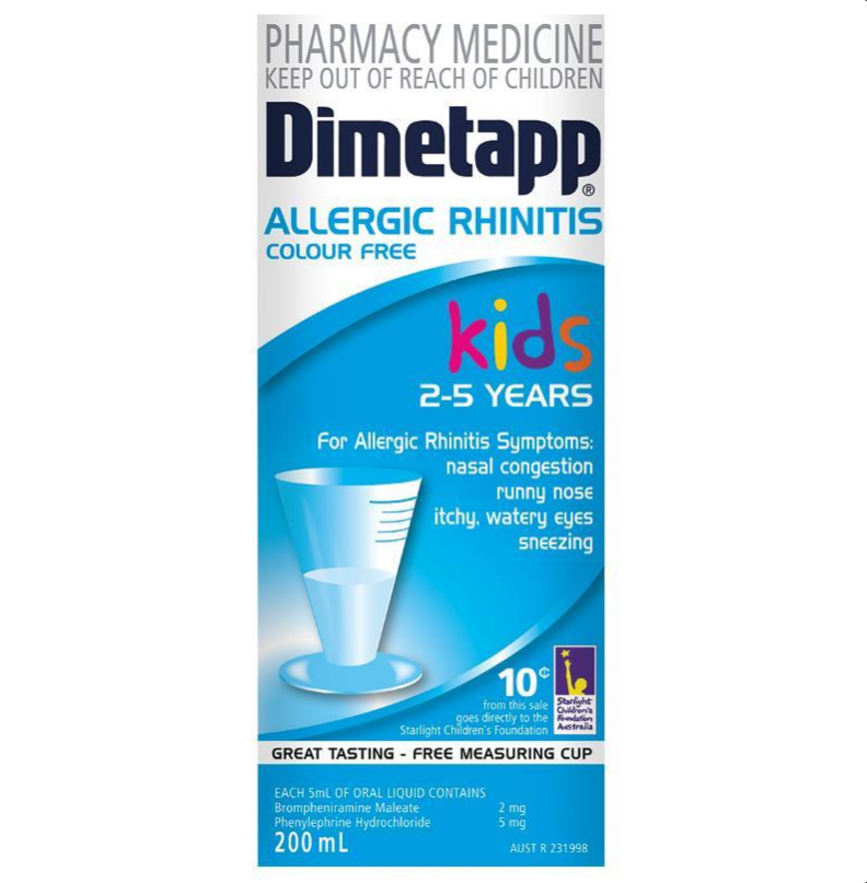 Dimetapp Allergic Rhinitis Colour Free Kids 2-5 Years 200mL (Limit ONE per Order)