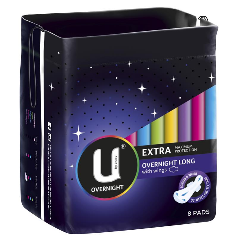 U by Kotex Maxi Pad Overnight Long Wing 8 Pack