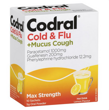 Load image into Gallery viewer, Codral Cold &amp; Flu + Mucus Cough Max Strength Hot Drink Lemon Flavour 10 Pack