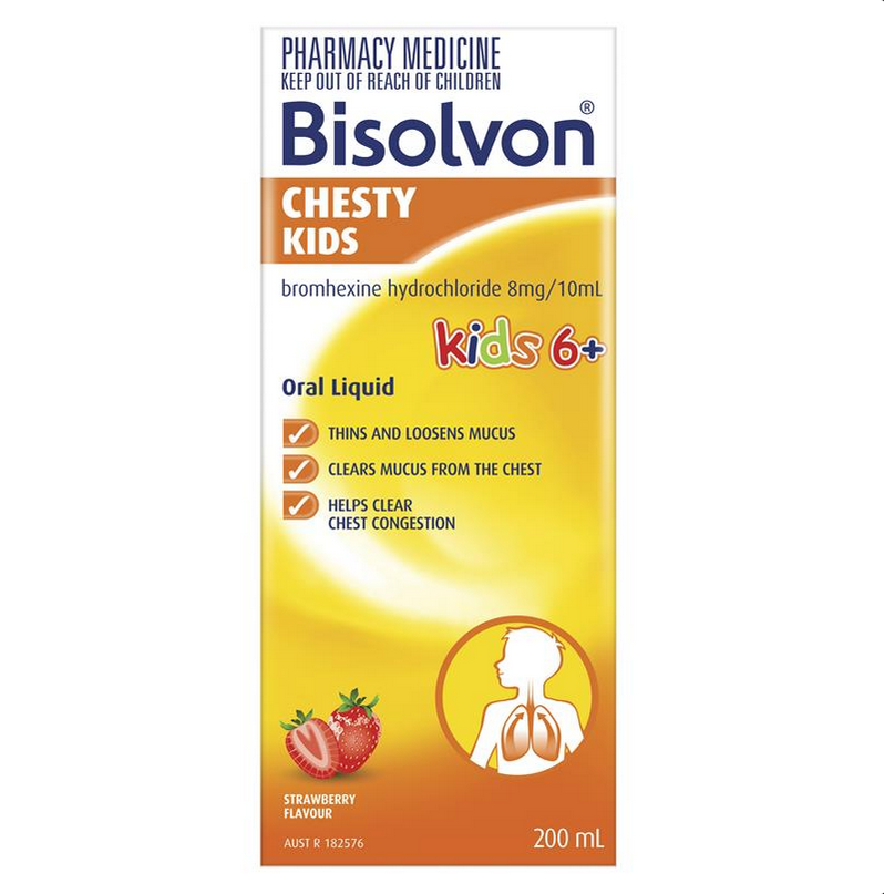 Bisolvon Chesty Kids Strawberry Flavour Liquid - Childrens Cough Liquid - 200mL (Limit ONE per Order)
