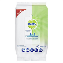 Load image into Gallery viewer, Dettol 2 in 1 Hands &amp; Surfaces Antibacterial 60 Wipes