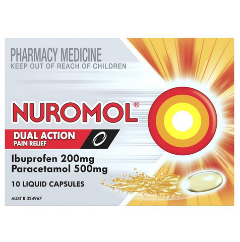 Nuromol Strong Pain Relief Liquid Capsules 200mg Ibuprofen/500mg Paracetamol 10 pack (Limit ONE per Order)