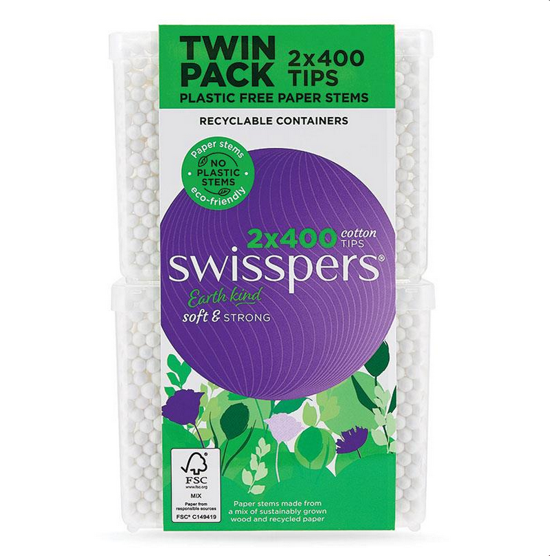Swisspers Earth Kind Cotton Tips With Paper Stems Twin Pack 2 x 400 Pack