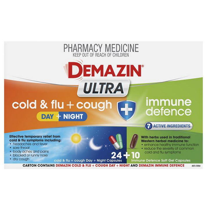 Demazin Ultra Cough Cold & Flu + Immune Defence 34 Capsules (Limit ONE per Order)