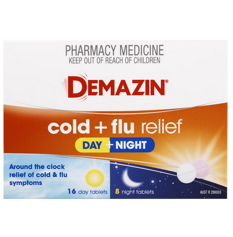 Demazin Cold & Flu Relief Day + Night 24 Tablets (Limit ONE per Order)