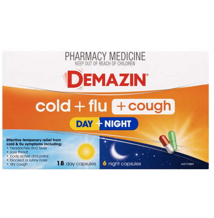 Demazin Cold + Flu + Cough Day + Night 24 Capsules (Limit ONE per Order)