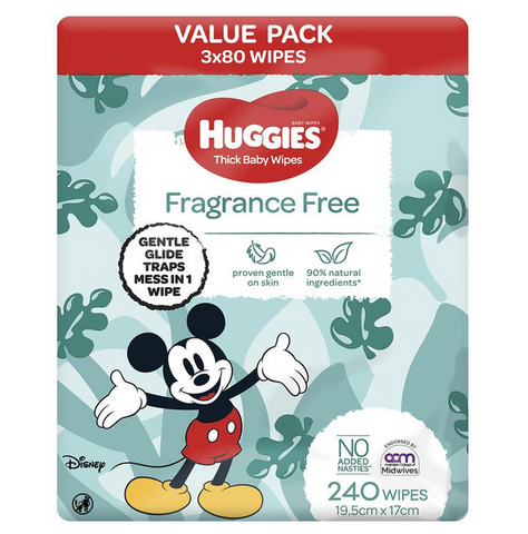 Huggies Baby Wipes Unscented Fragrance Free 3 x 80 Wipes