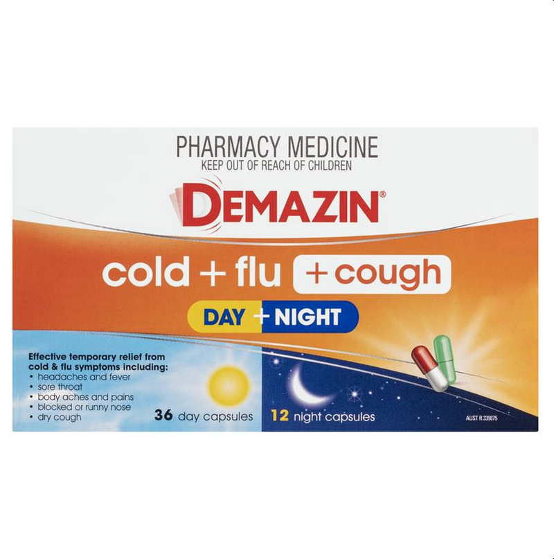 Demazin Cold + Flu + Cough Day + Night 48 Capsules (Limit ONE per Order)
