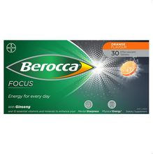 Load image into Gallery viewer, Berocca Focus Vitamin B &amp; C Orange Flavour With Ginseng Energy Effervescent Tablets 30 Pack