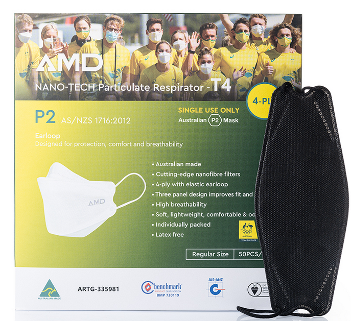 Face Mask - Black Mask AMD NANO-TECH P2 (N95) Particulate Respirator T4 Earloop with Four Layers 50 Pack - Black