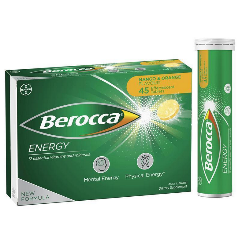 Berocca Energy Vitamin B & C Mango & Orange Flavour Effervescent Tablets 45 Pack