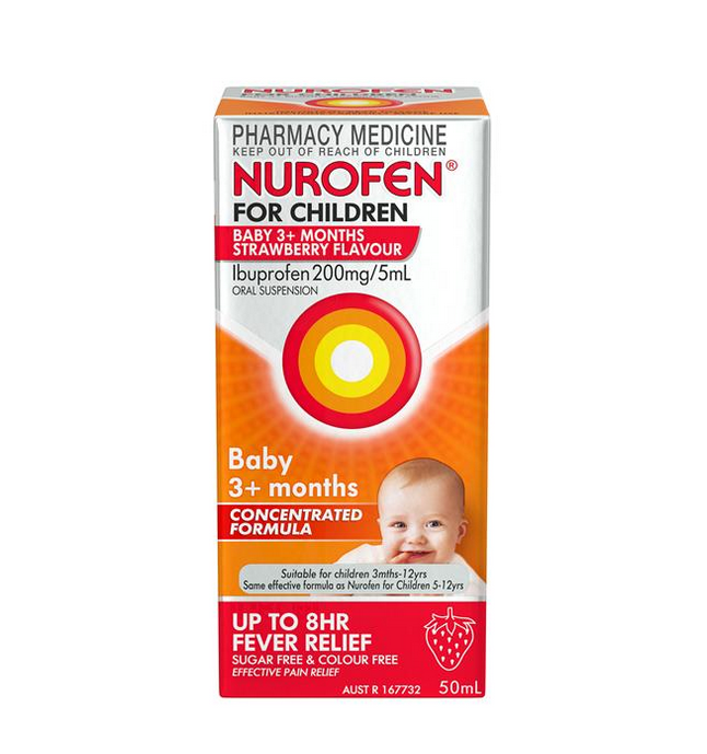Nurofen For Children Baby 3+ Months Pain and Fever Relief Concentrated Liquid 200mg/5ml Ibuprofen Strawberry 50mL (Limit ONE per Order)