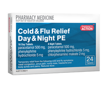 Load image into Gallery viewer, Pharmacy Action Cold &amp; Flu Relief Day &amp; Night PE 24 Tablets (Limit ONE per Order)