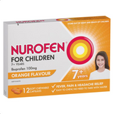 Nurofen For Children 7+ Ibuprofen 100mg Pain and Fever Relief Orange 12 Chewable Capsules
