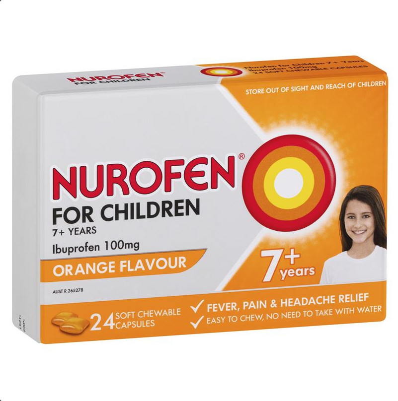 Nurofen For Children 7+ Ibuprofen 100mg Pain and Fever Relief Orange 24 Chewable Capsules