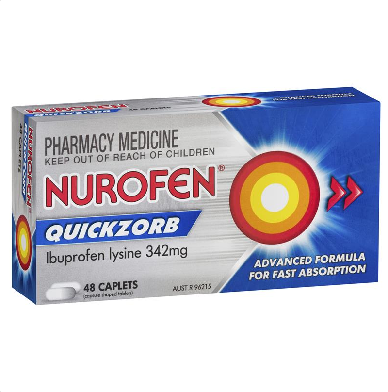 Nurofen Quickzorb Ibuprofen Lysine 342mg Pain Relief 48 Caplets (Limit ONE per Order)