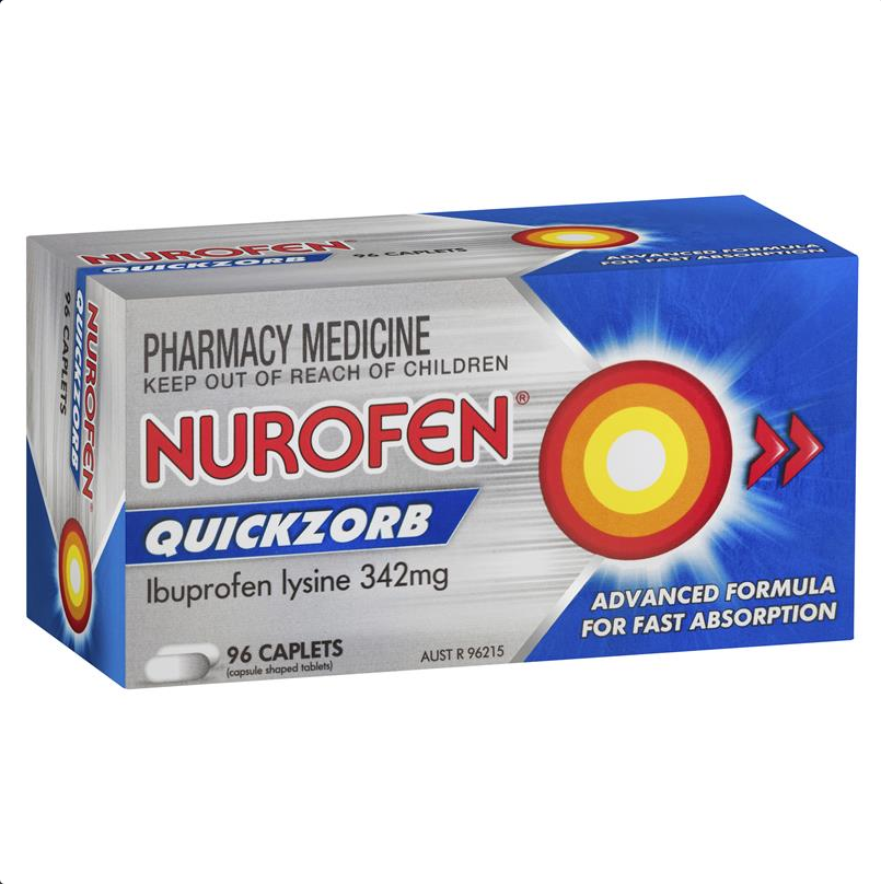 Nurofen Quickzorb Ibuprofen Lysine 342mg Pain Relief 96 Caplets (Limit ONE per Order)