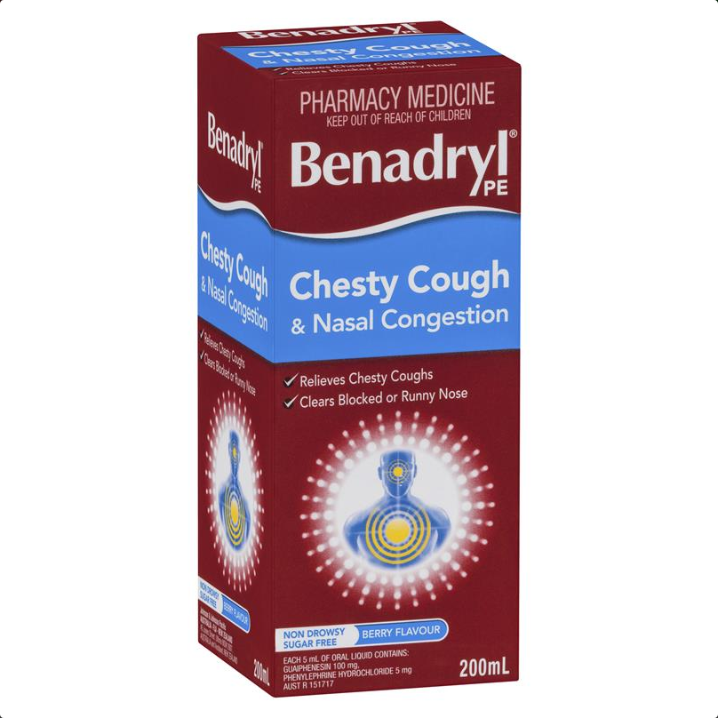Benadryl PE Chesty Cough & Nasal Congestion Non-Drowsy Berry Flavour 200mL (Limit ONE per Order)