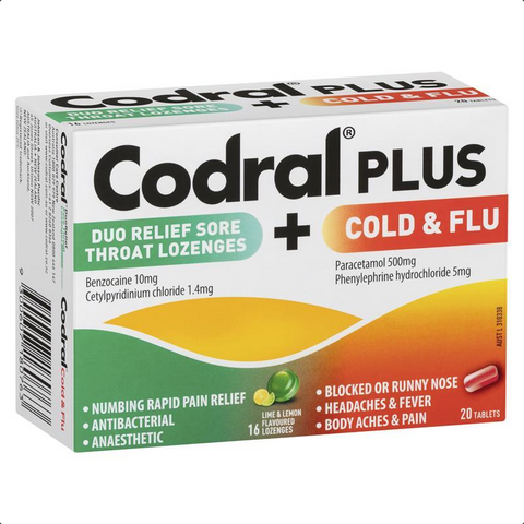 Codral Plus Sore Throat 16 Lozenges & Cold and Flu + Decongestant 20 Tablets