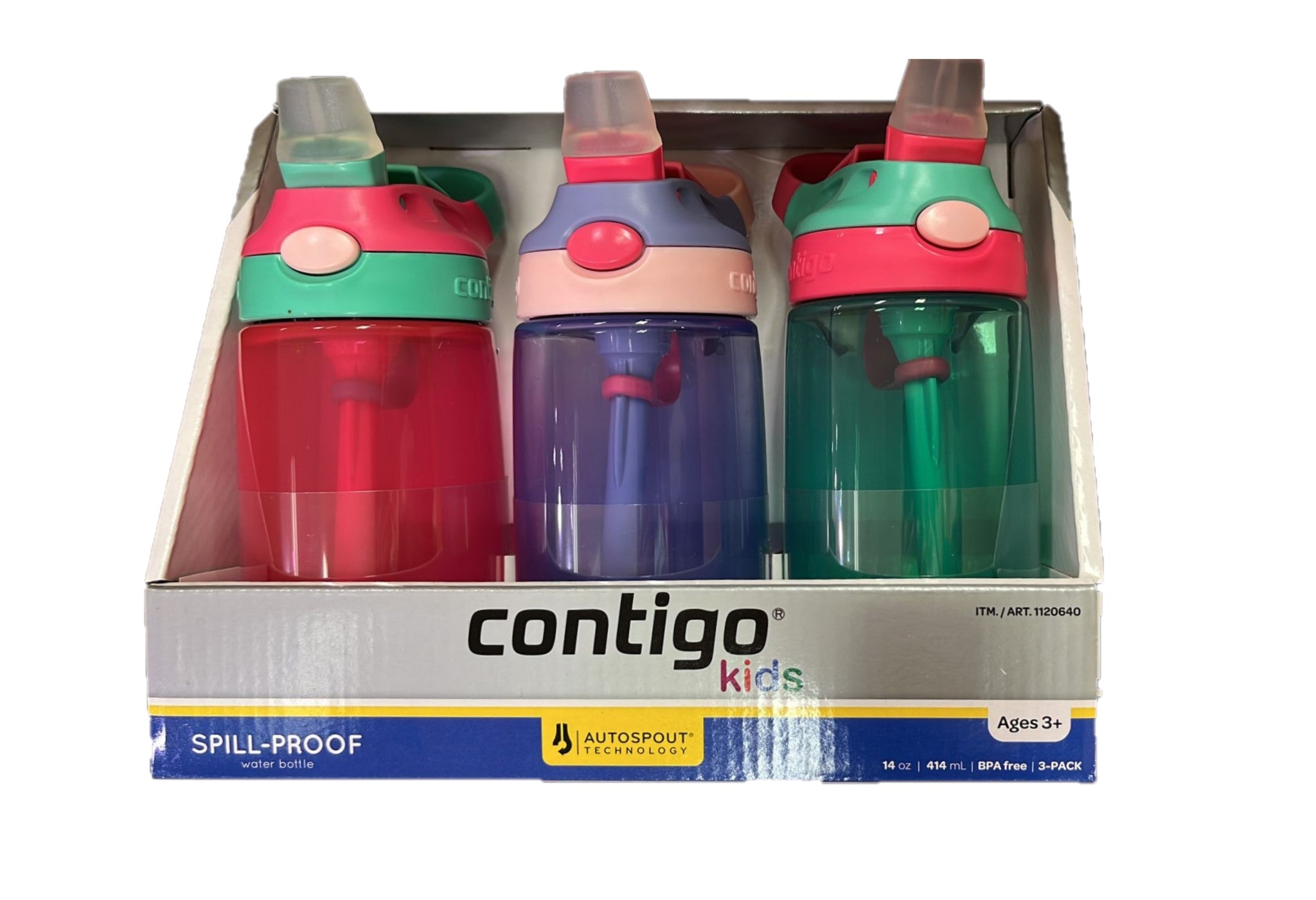 Contigo Kids Autospout Gizmo Water Bottle Triple Pack 3 x 414mL - COLOURS MAY VARY