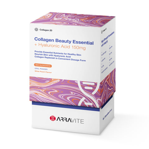 Arravite Collagen Beauty Essential + Hyaluronic Acid 150mg White Peach Flavour 3g x 14 Sachets (Ships June)