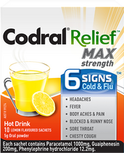 Load image into Gallery viewer, CODRAL RELIEF MAX Strength 6 signs Cold &amp; Flu Oral Powder 5g x 10 Hot Drink