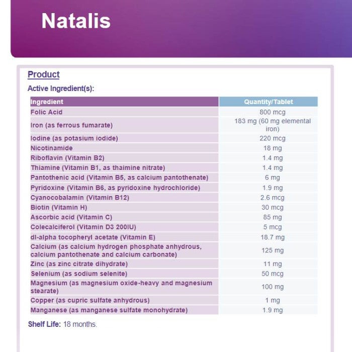 Natalis Pregnancy Support Vitamins and Minerals One-A-Day 100 Tablets (Limit ONE per Order)